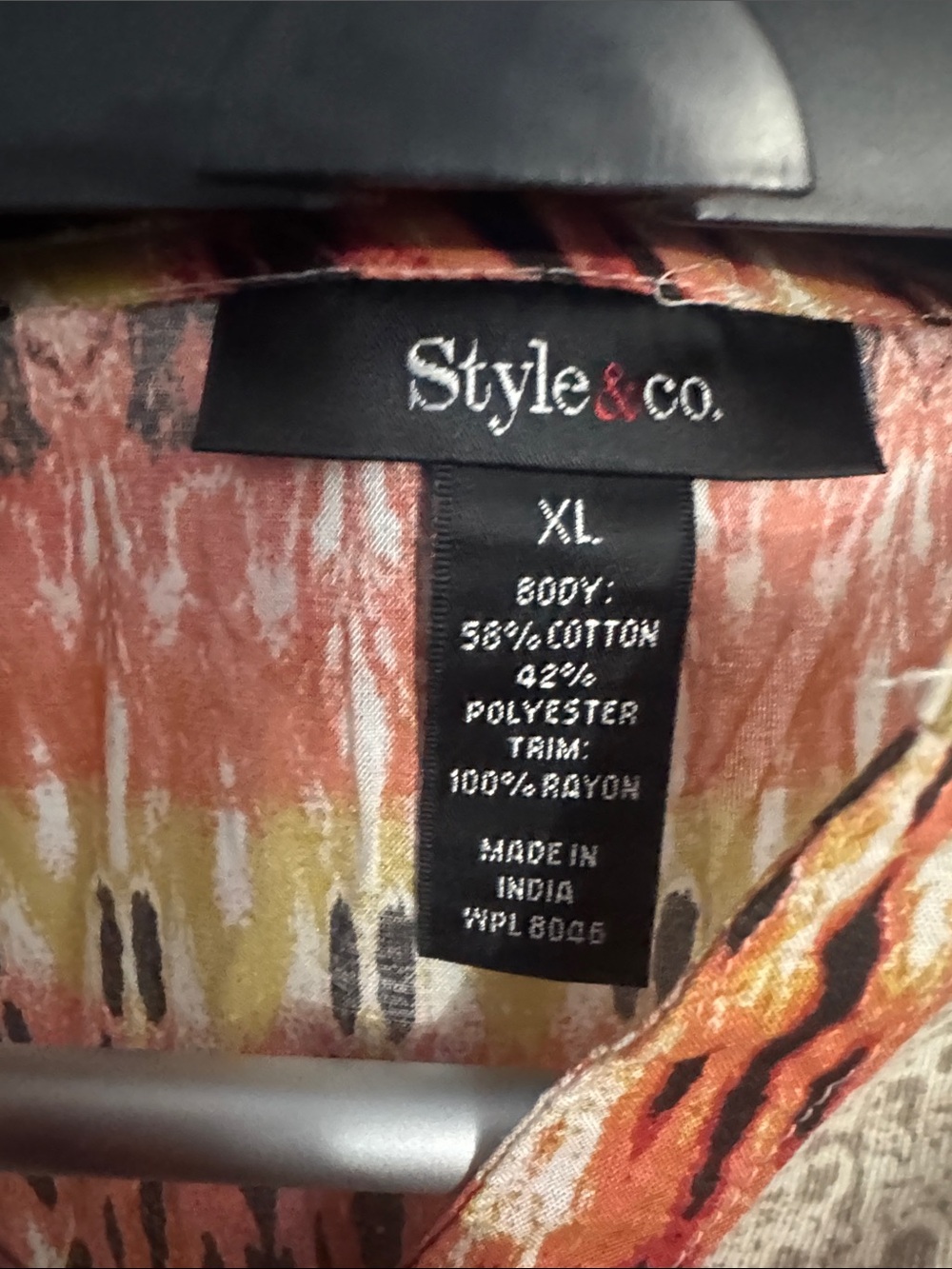 Style & Co. Cream and Coral Printed Henley Blouse - Picture 2 of 4